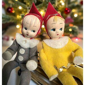 2 Vintage Christmas Pixie Elf Dolls MCM Shelf Sitter Posable Felt Holiday Decor